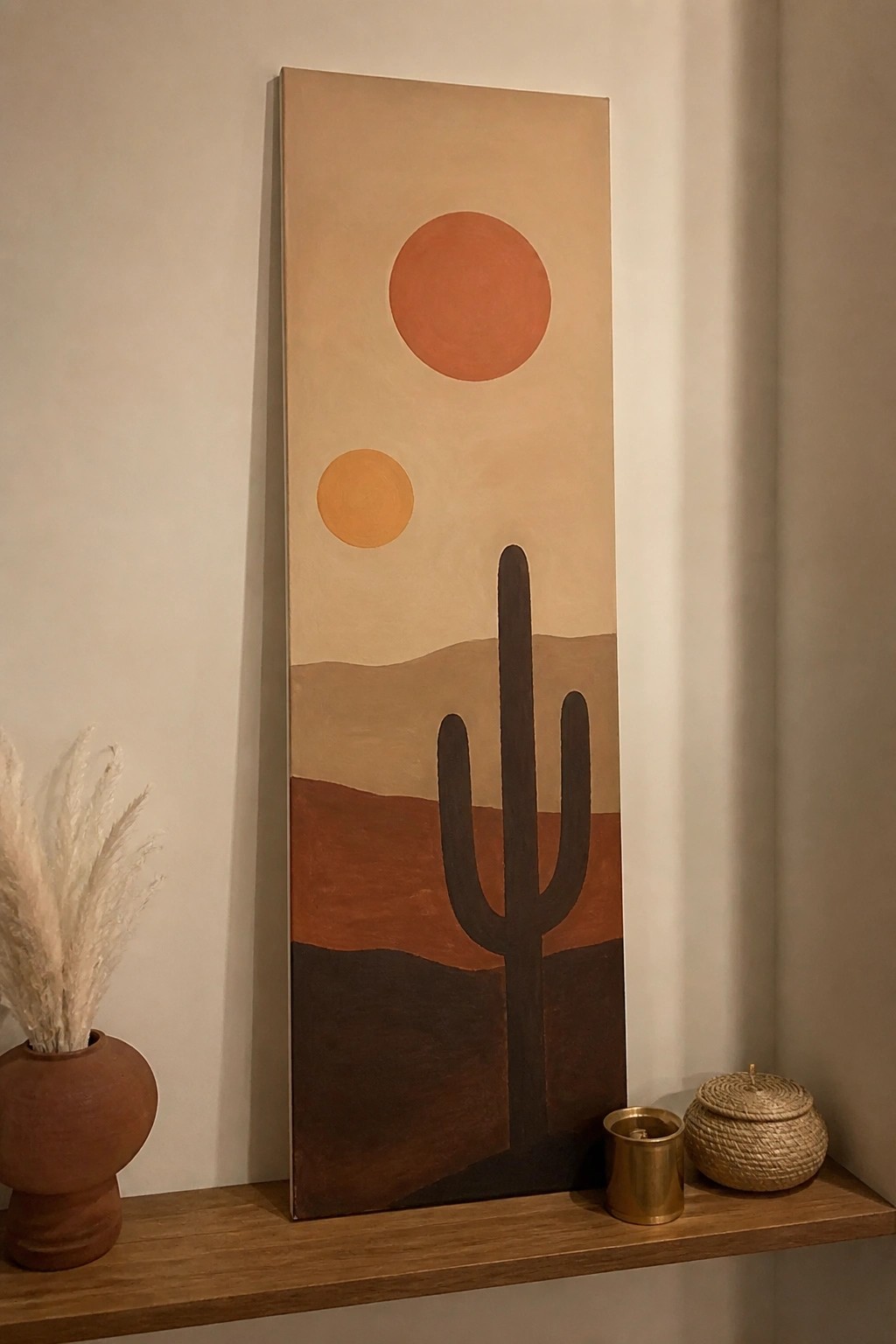 Abstract cactus painting in earthy tones on shelf with terracotta vase and woven basket.