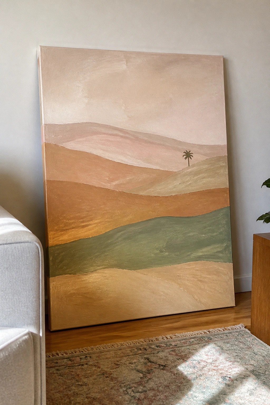 Abstract painting of layered hills with palm tree in warm earth tones leaning on wall