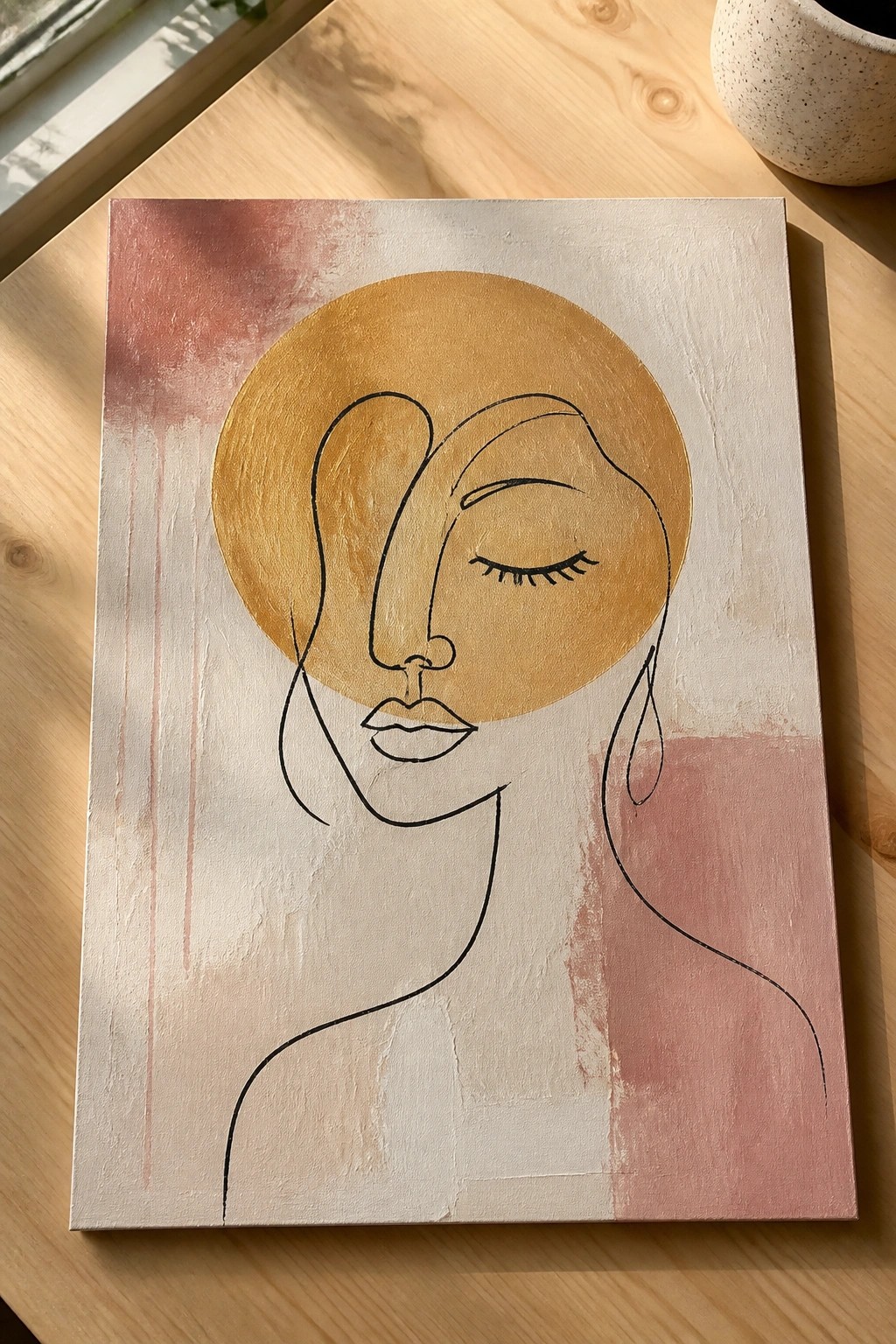 A canvas with a black line drawing of a woman's face and shoulders in front of a large golden circle on a background of soft pink and beige washes.