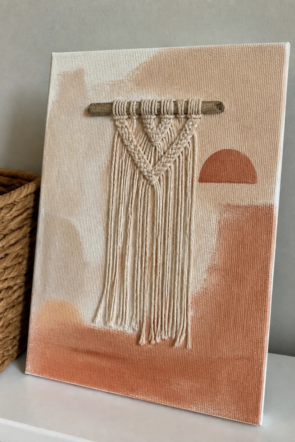 Macramé with tassels on wooden dowel over abstract terracotta canvas with sun shape