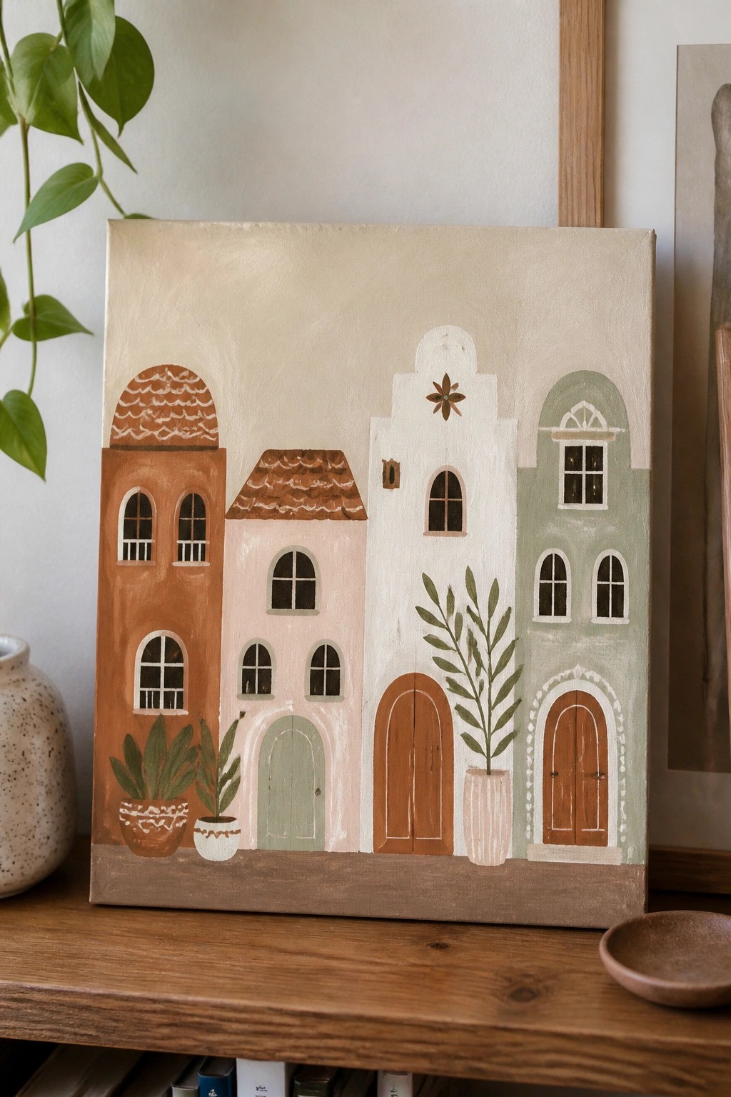 Boho painting of colorful houses with arched doors, windows, and potted plants on shelf