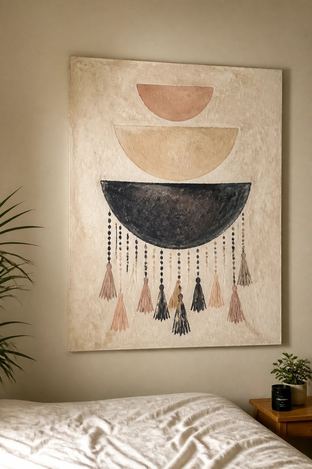 Abstract painting with three semicircles and hanging tassels above white bed