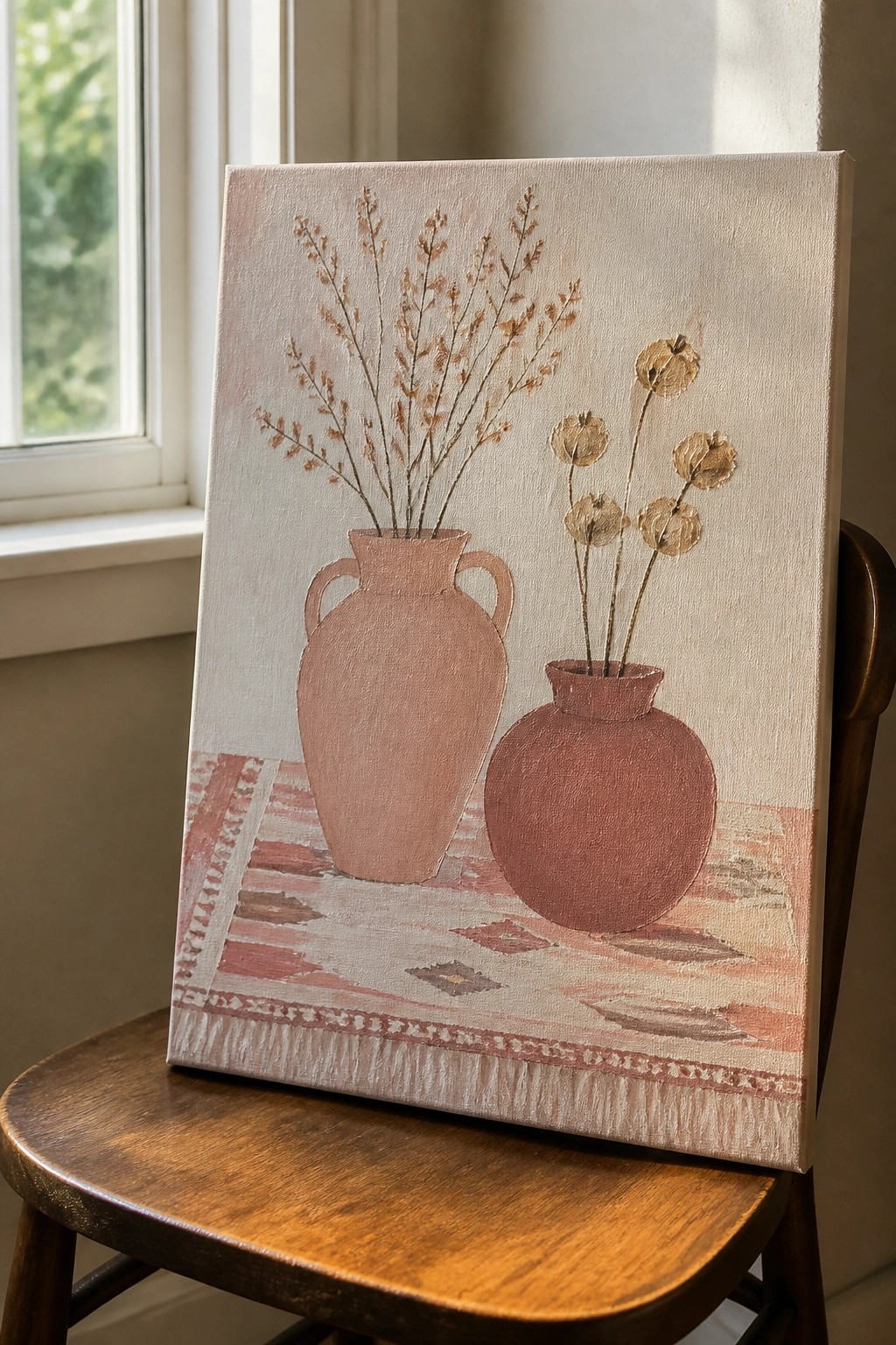 Pink-toned painting of two vases with dried flowers on wooden chair.