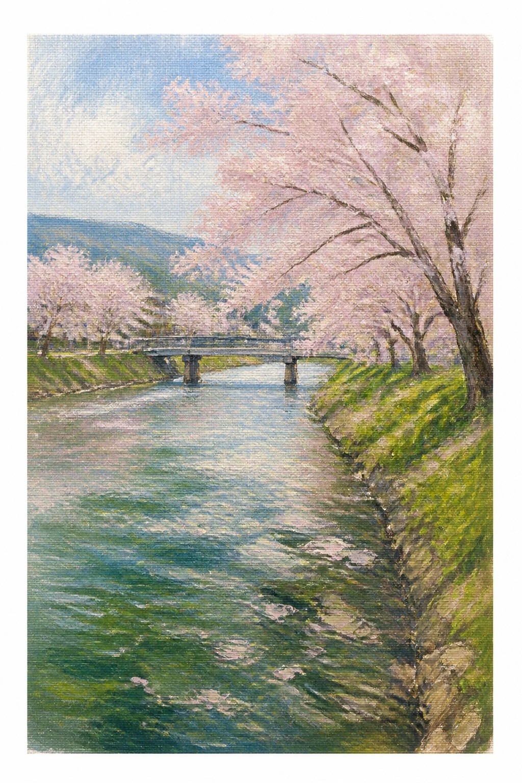 Oil painting of a river lined with pink cherry blossom trees, a bridge crossing the water, and green hills in the distance under a soft sky.