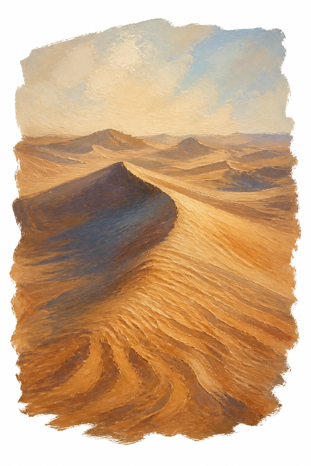 An oil painting of rolling desert sand dunes in warm orange and brown tones with blue shadows and visible textured brushstrokes under a pale sky.