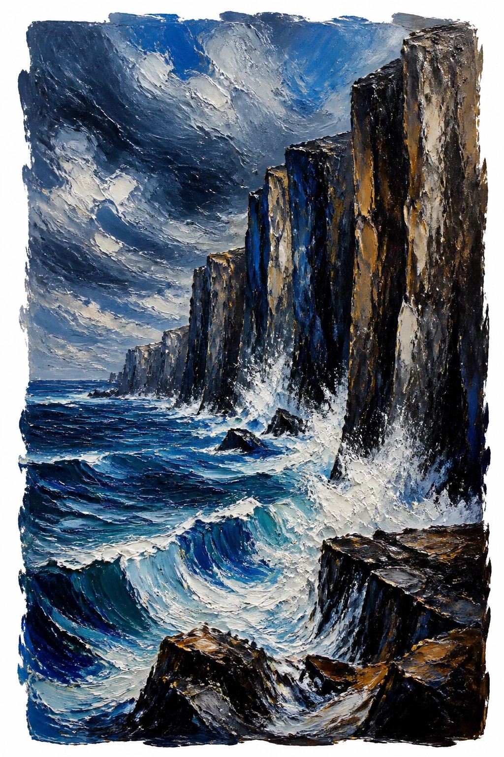 An expressive oil painting of dark cliffs battered by white capped waves under a stormy blue sky with visible impasto texture.