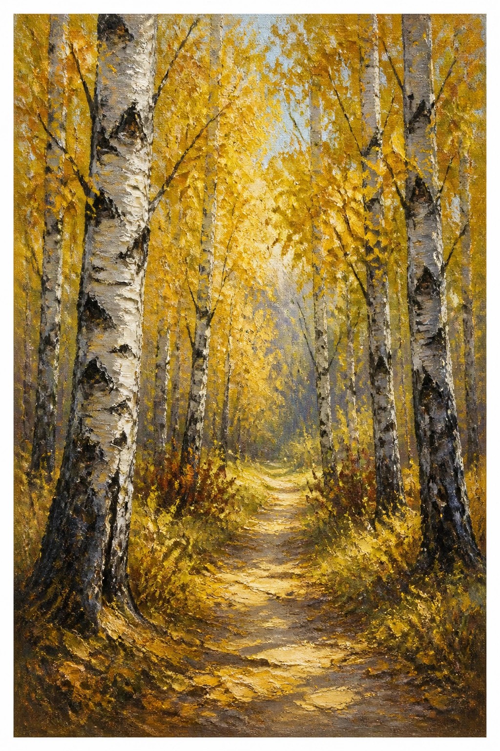 An oil painting of a sunlit path winding through birch trees with white bark and golden yellow autumn leaves in a textured forest scene.
