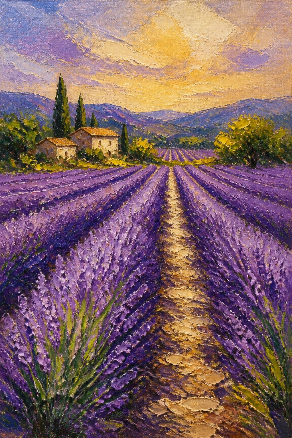 An oil painting of a lavender field with a winding path at sunset showing purple flowers yellow sky mountains and houses with thick textured brushstrokes