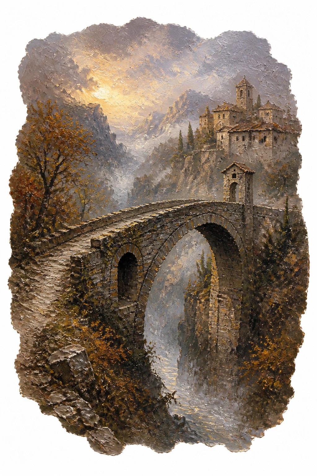Oil painting of a weathered stone bridge arching over a misty ravine with a cliffside village, autumn trees, and golden sunlight over distant mountains.