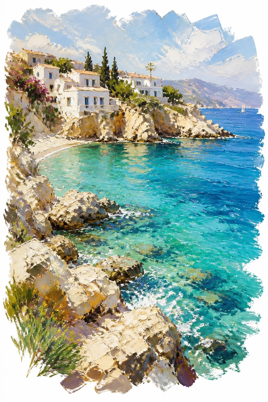 An impressionistic oil painting of white cliffside houses overlooking crystal clear turquoise sea with rocky foreground and distant mountains under a bright sky.