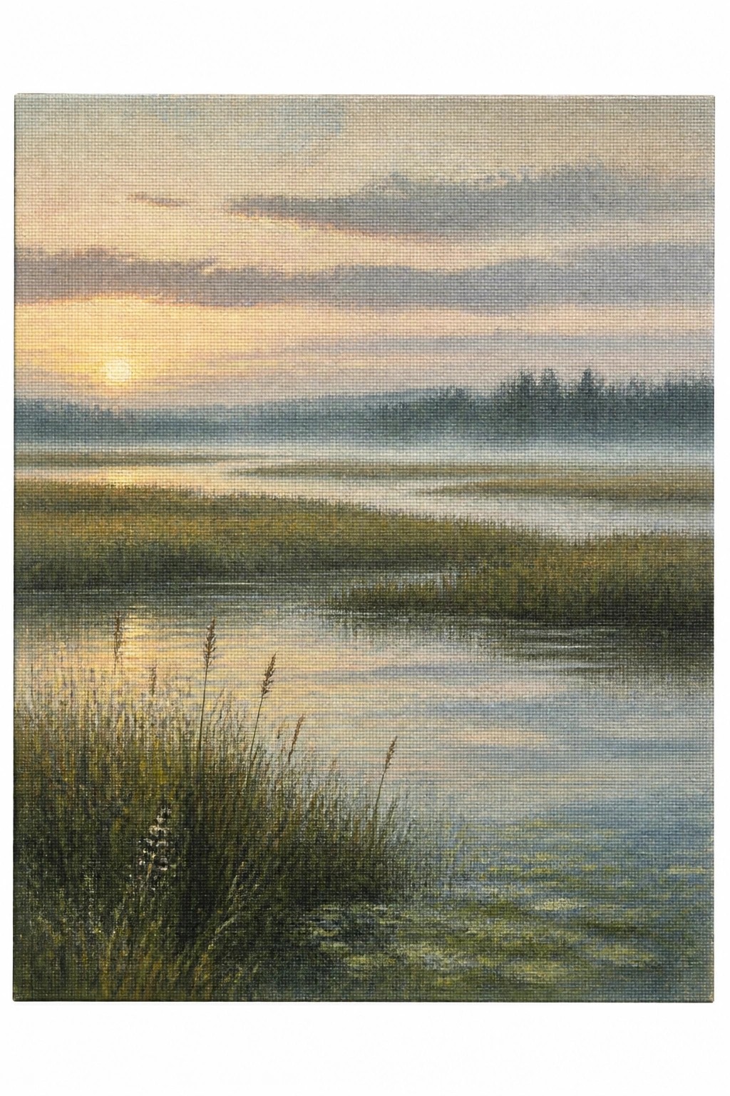 A serene oil painting of a misty marsh at sunrise with golden sunlight reflecting on still waters green grassy banks and reeds in the foreground and distant trees under a soft sky.