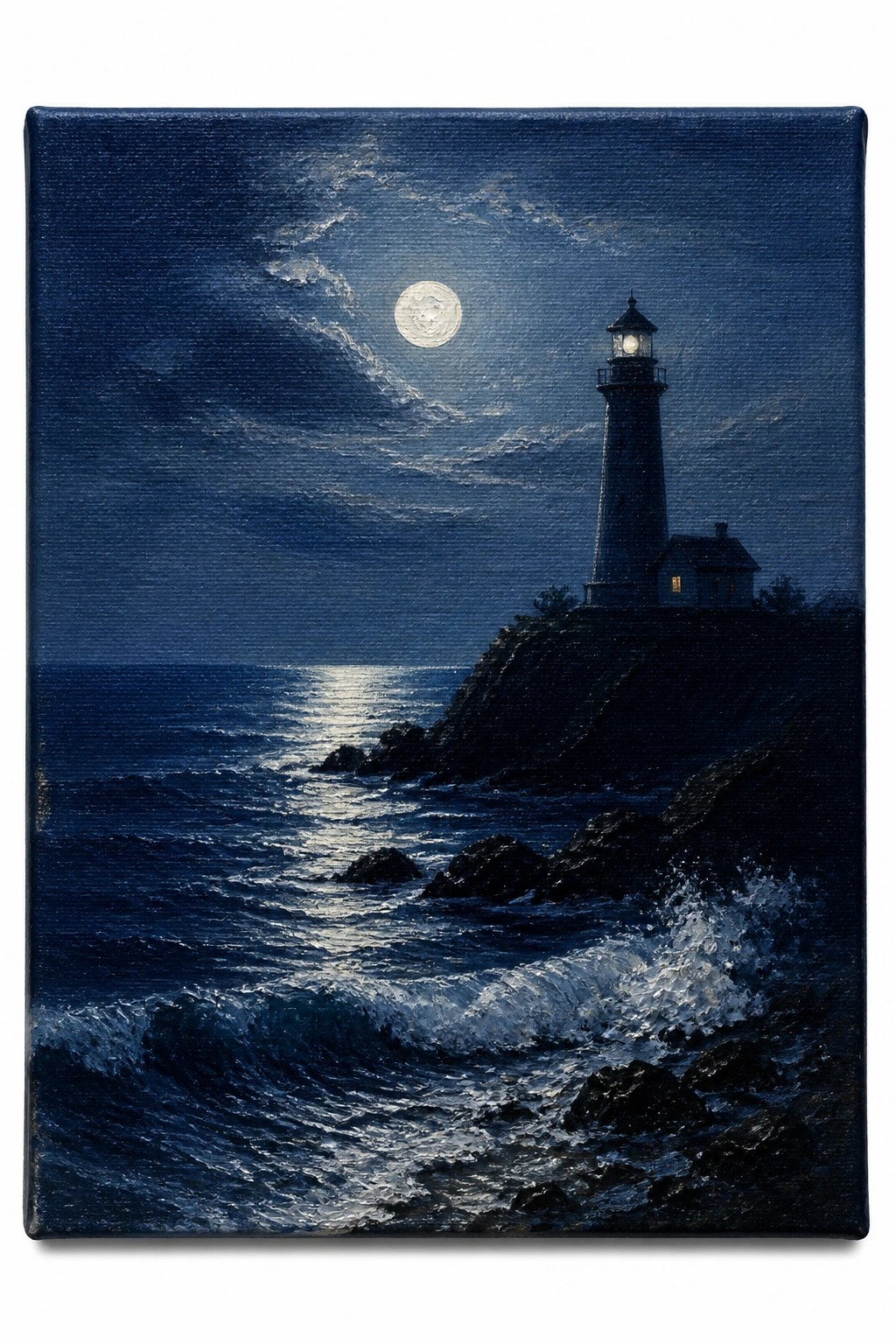 Oil painting of a lighthouse on a dark cliff under a full moon with crashing waves and moonlight reflecting on the ocean at night