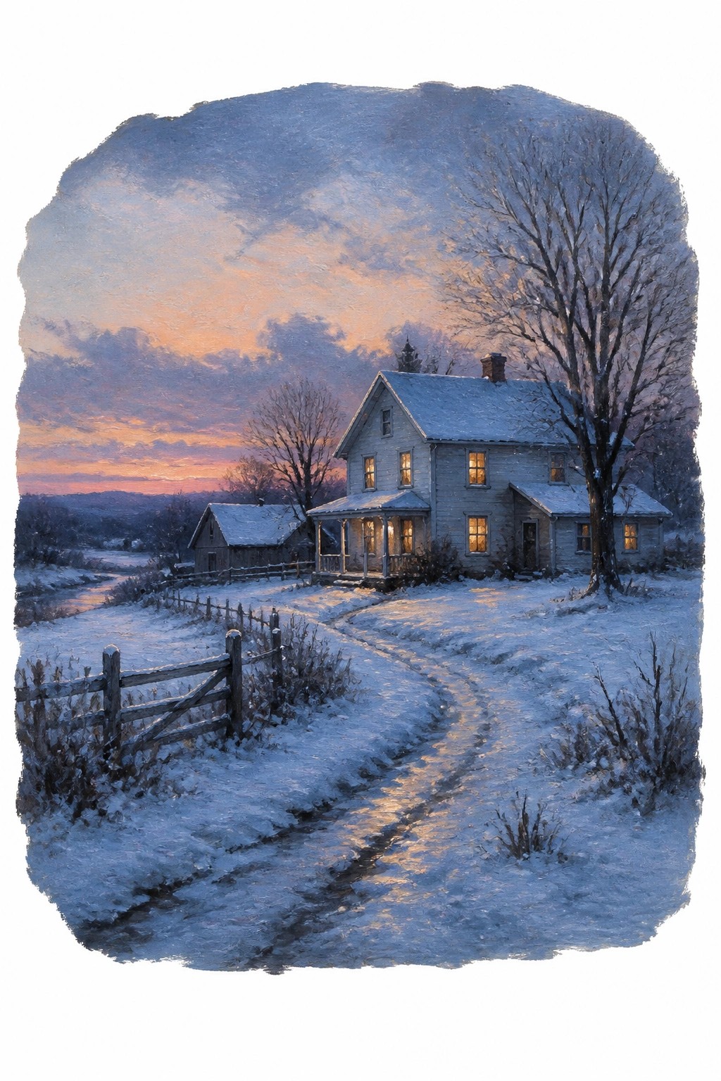 An oil painting of a white farmhouse covered in snow at sunset with warm lights in the windows a winding path and bare trees under a colorful sky.
