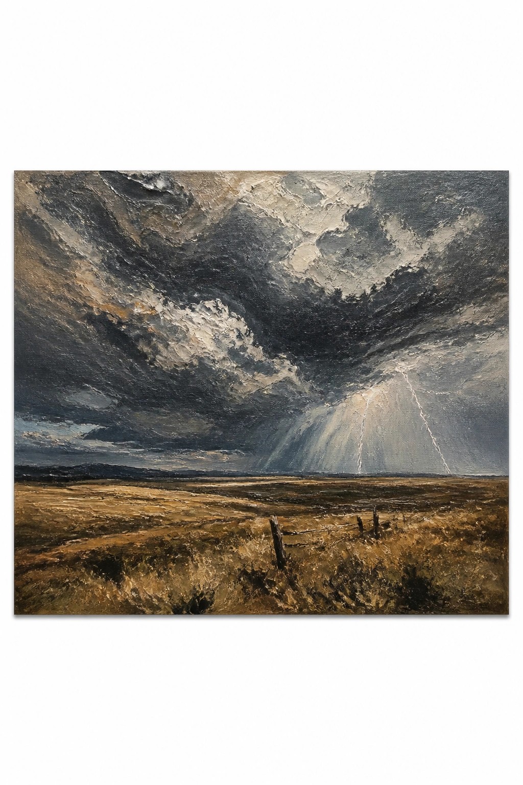 Dramatic oil landscape painting of a stormy sky with lightning over golden fields and a broken fence in the foreground.