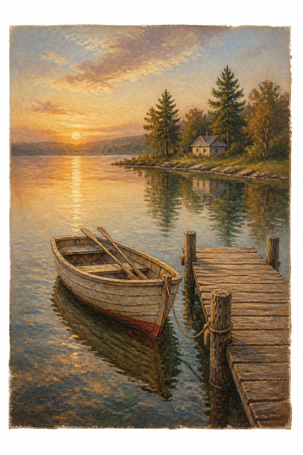 Realistic oil painting of a rowboat moored at a wooden dock on a lake during sunset with golden reflections a distant cabin and pine trees on the shore