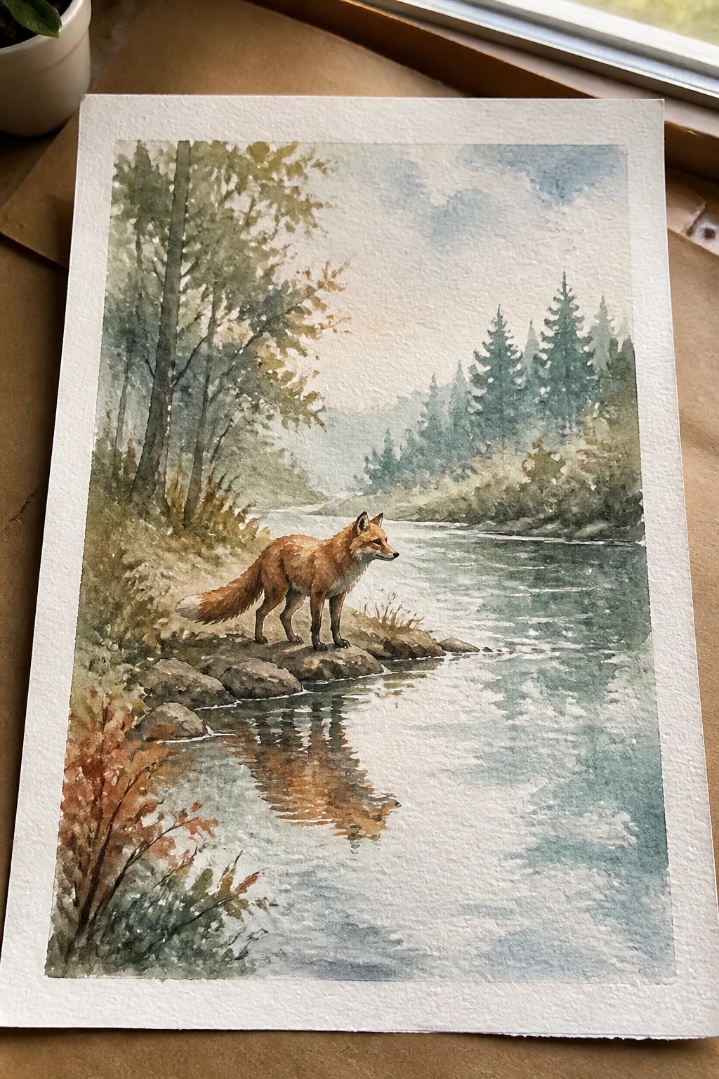 Watercolor painting of a fox on rocks by a reflective river in misty forest.