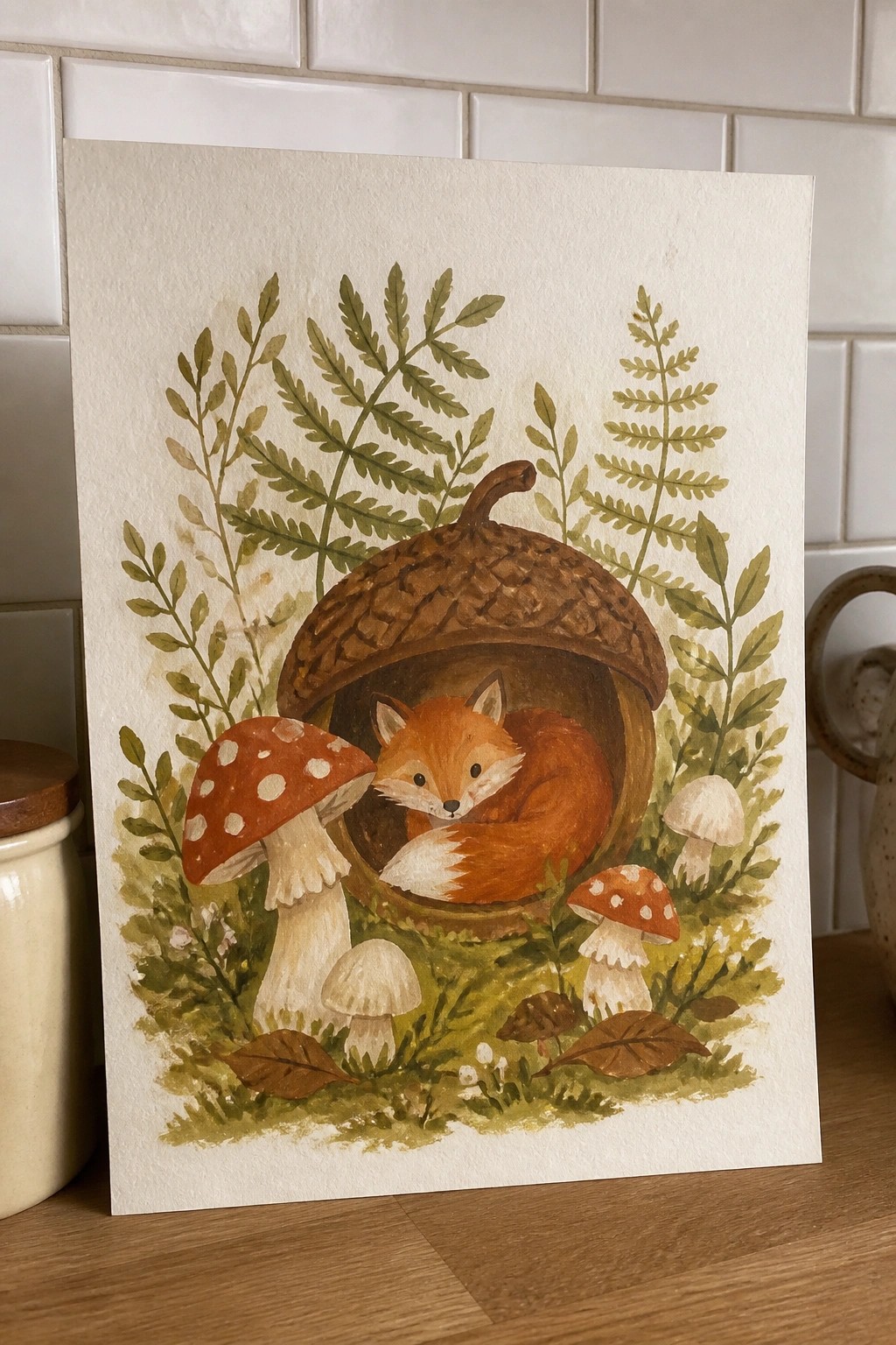 Watercolor illustration of a sleeping fox curled in an acorn amid ferns and mushrooms.