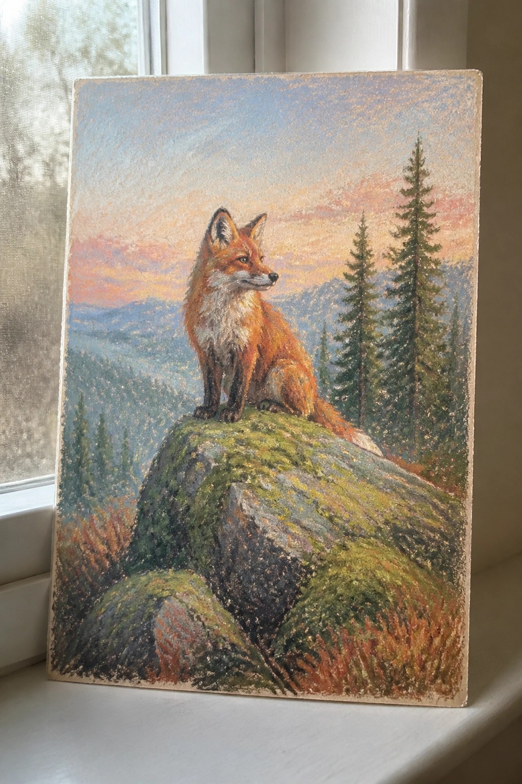 Red fox perched on mossy rock overlooking pine trees and colorful mountain sunset