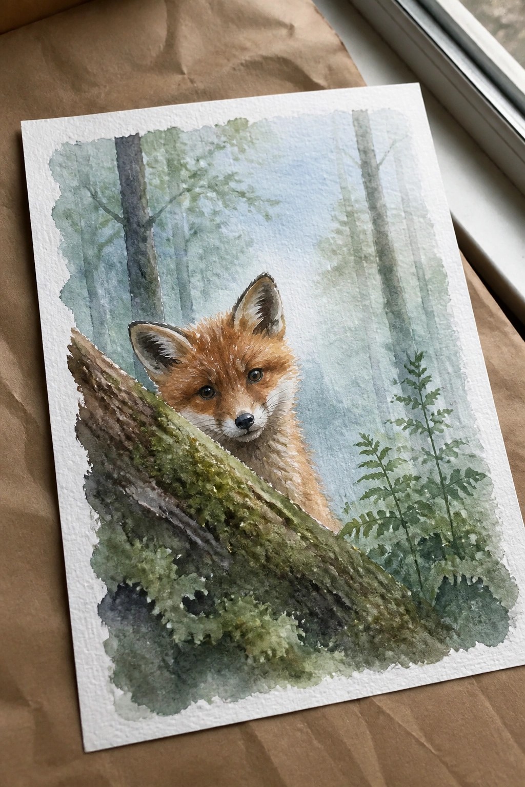 Watercolor painting of a red fox peeking behind a mossy log in a forest