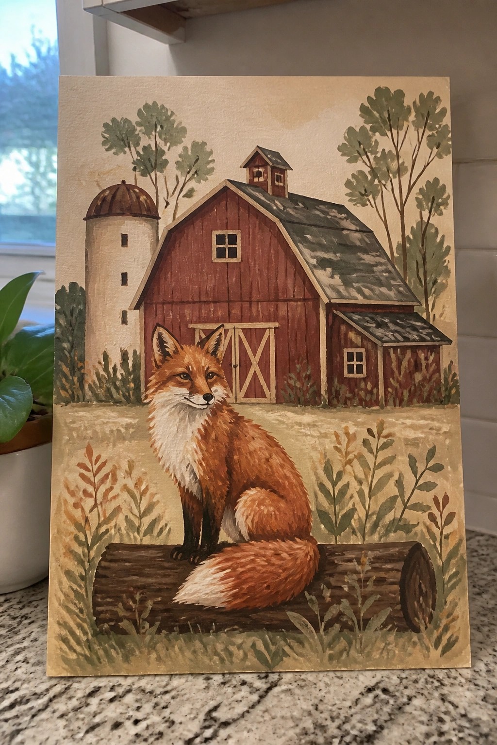 Watercolor painting of red fox on log before red barn and silo.