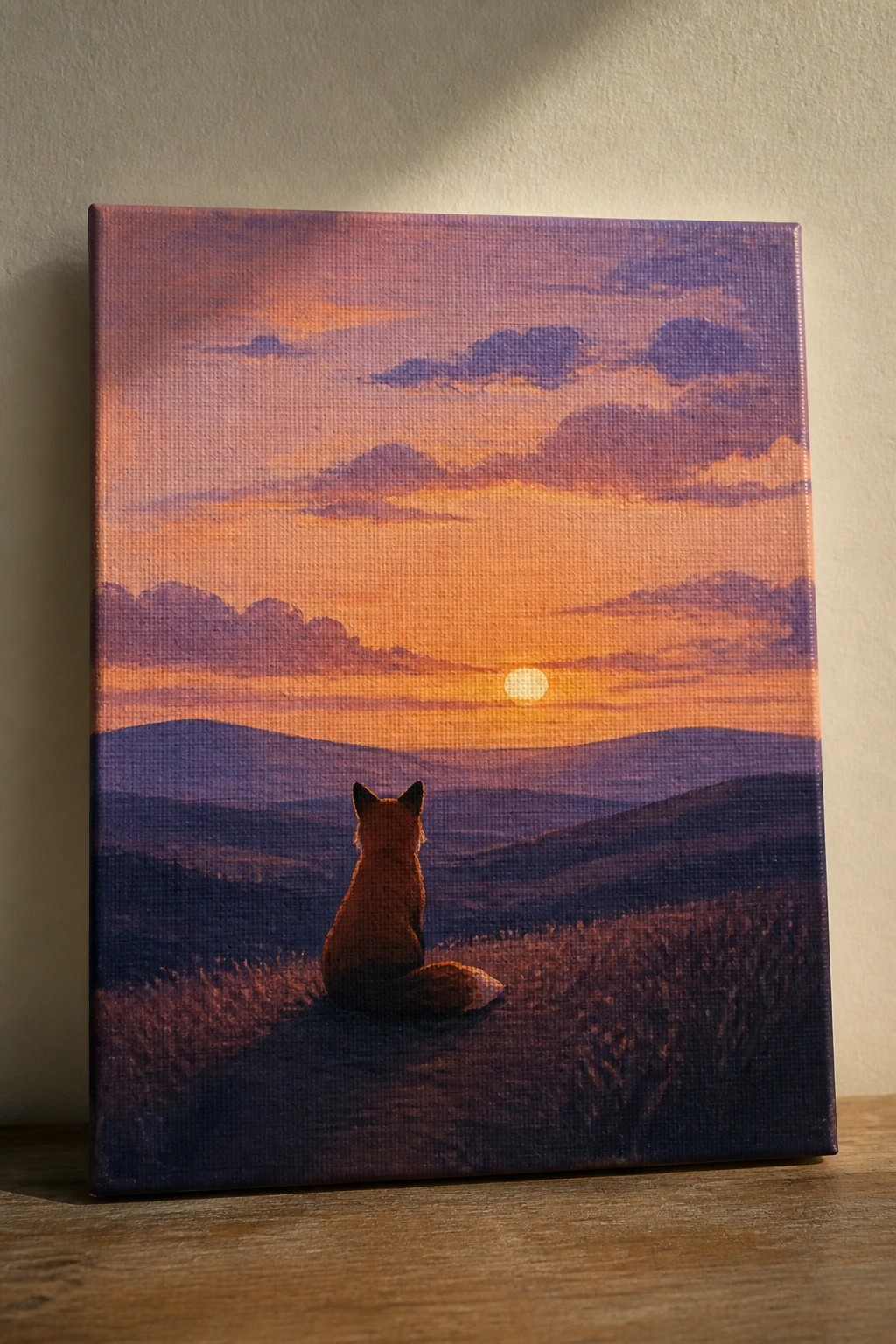 Red fox sits on a hill gazing at vibrant sunset over purple mountains.
