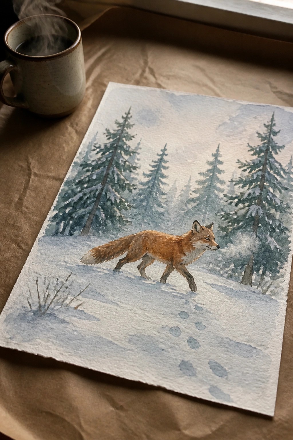 Watercolor painting of orange fox walking in snowy pine forest beside steaming mug.