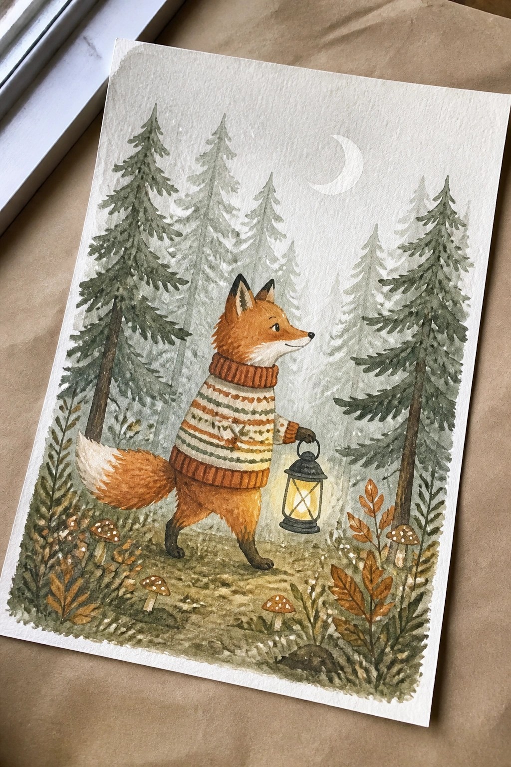 Watercolor fox in striped sweater holds glowing lantern while walking in misty moonlit forest with mushrooms.
