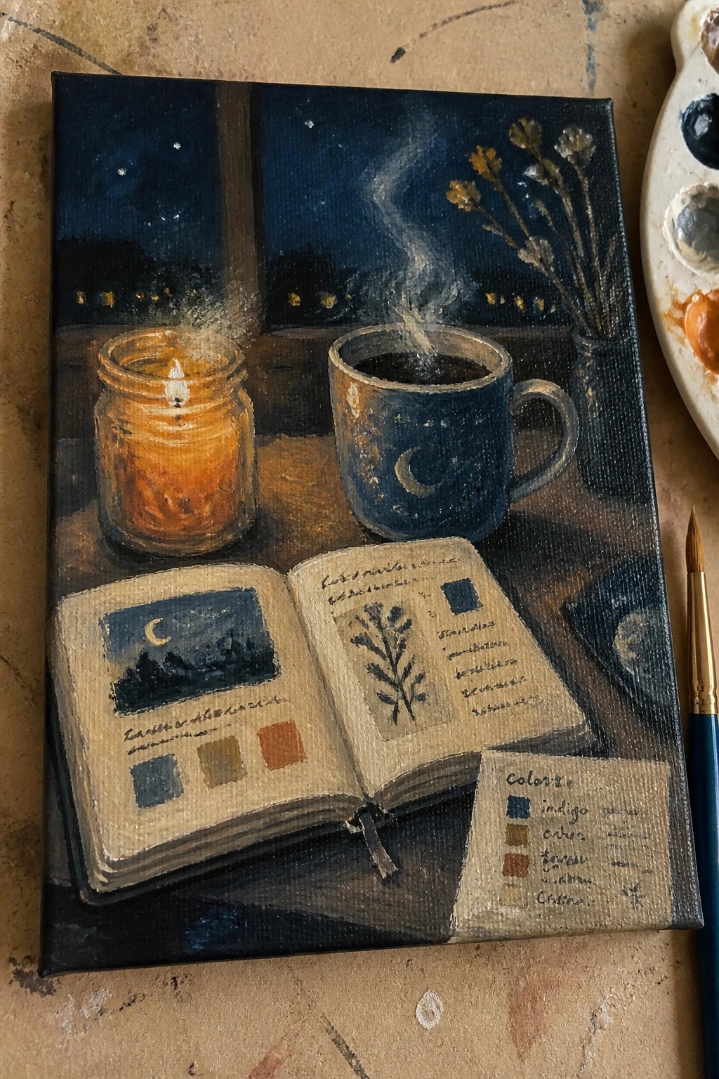 Open journal beside glowing candle, steaming mug, and flowers at night
