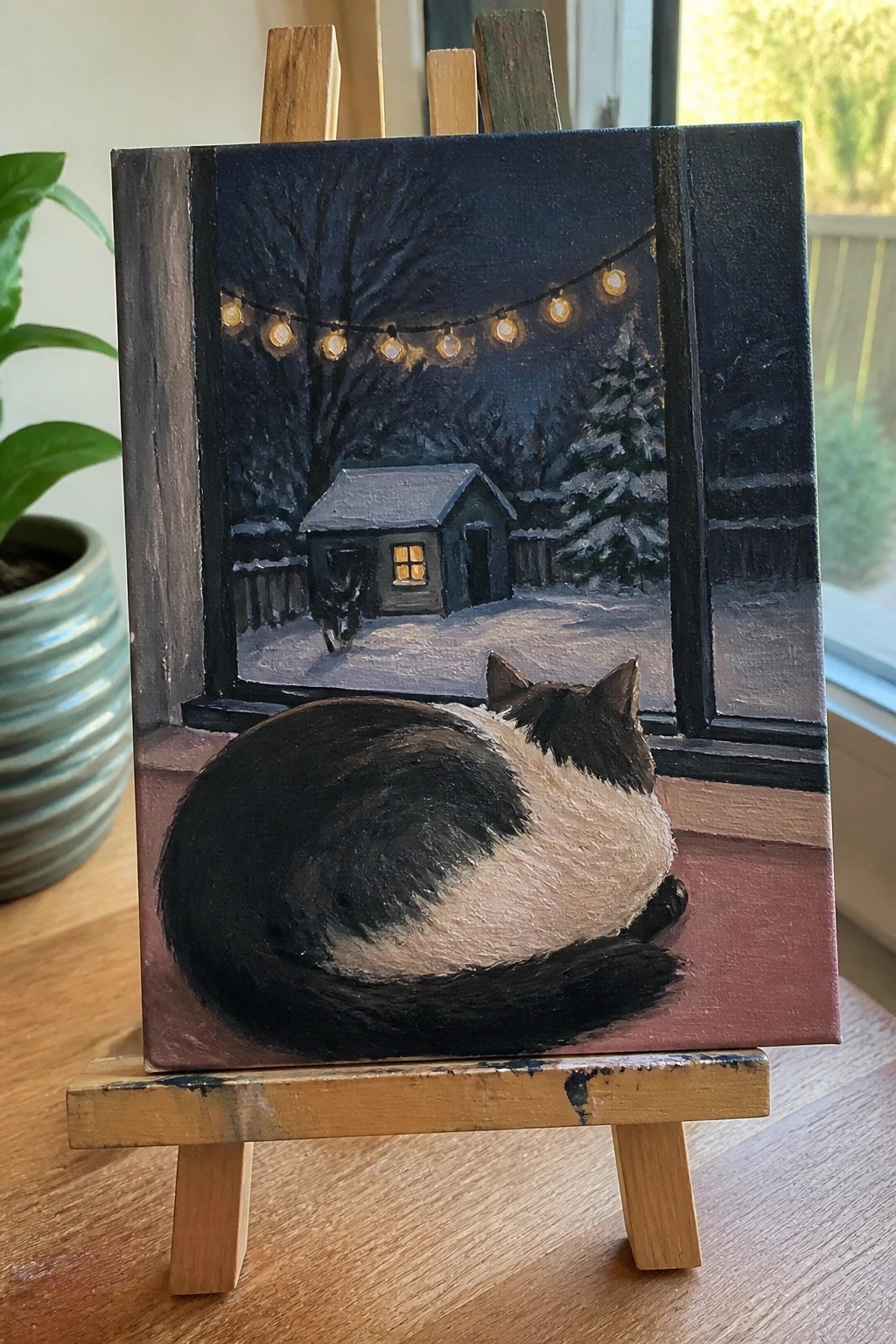 Black and white cat curled on windowsill overlooking snowy night scene with string lights.