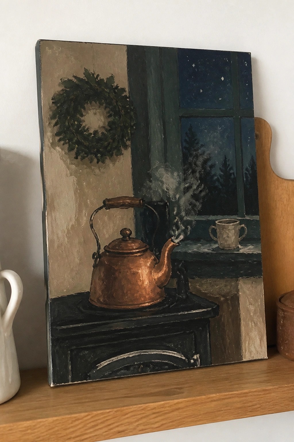 Steaming copper kettle on black stove near cup, wreath, and starry window