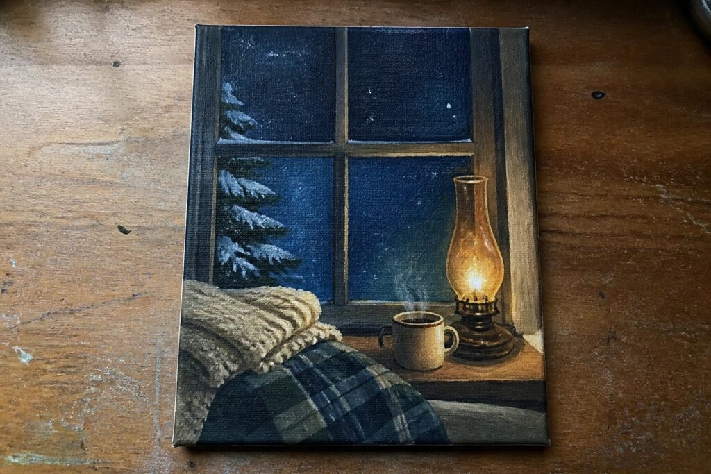 Realistic painting of glowing lantern and coffee mug beside knitted blanket on snowy night windowsill