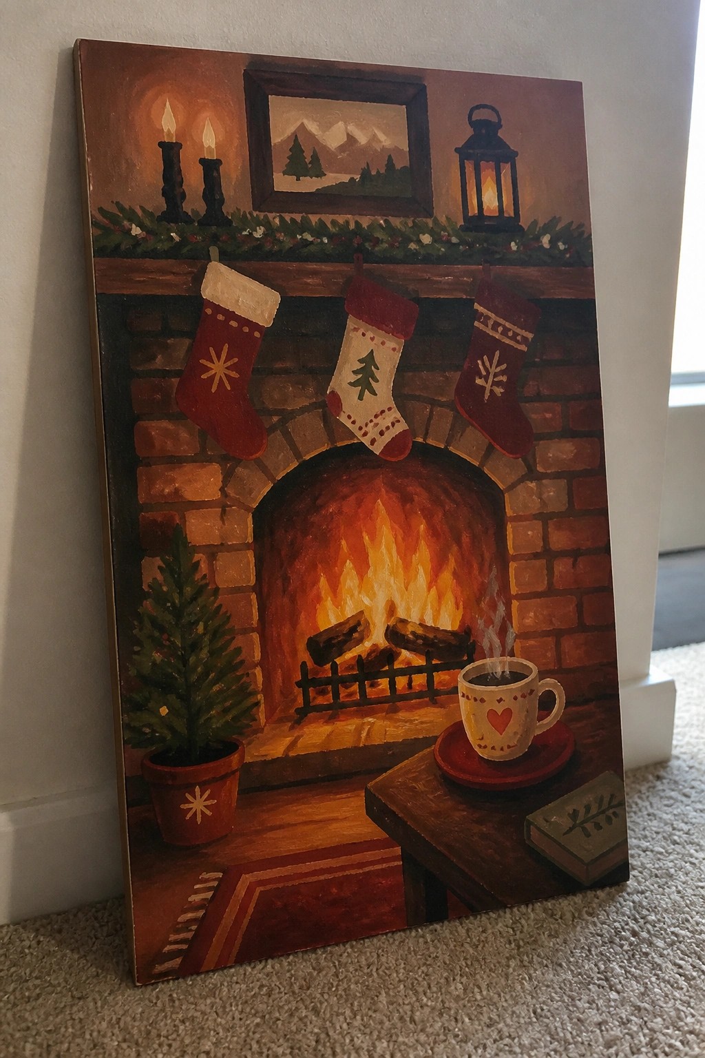Cozy Christmas fireplace painting with three stockings, burning fire, mug, and potted tree