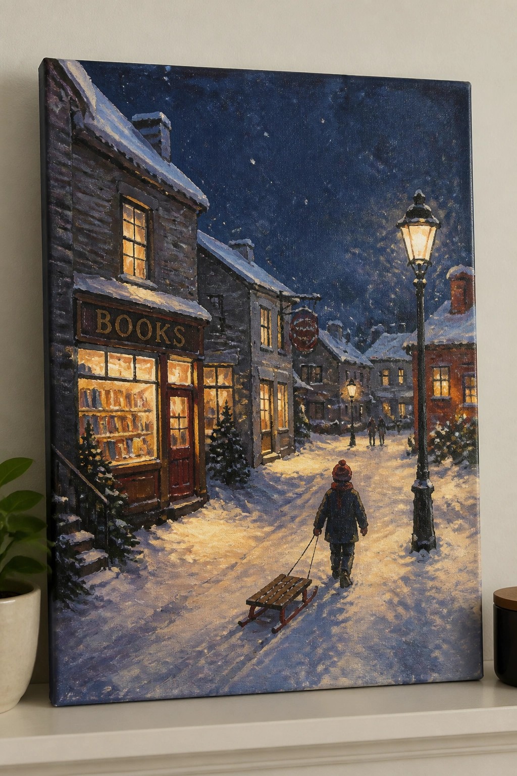 Child in red hat pulls sled past glowing bookstore on snowy night street