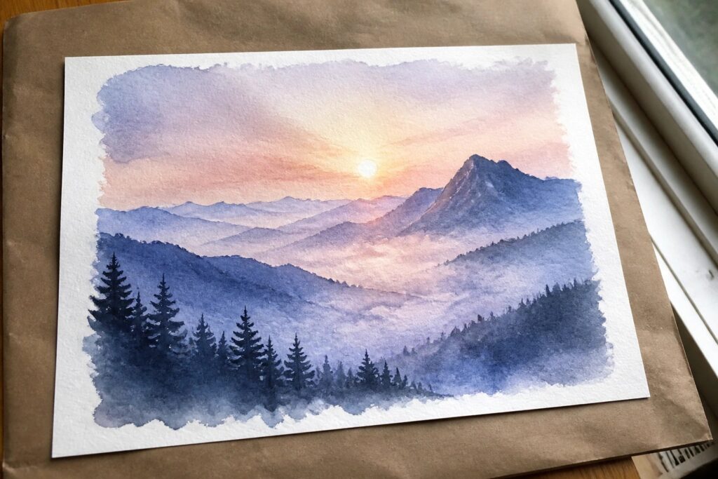 22 Creative Scenery Painting Ideas That Capture the Beauty of the Outdoors Watercolor painting of layered purple mountains at sunset with orange sun and silhouetted pines
