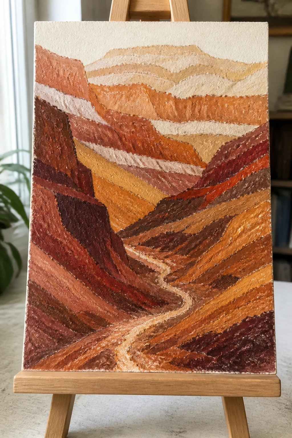 Textured abstract painting of layered canyon landscape in warm earth tones on easel.