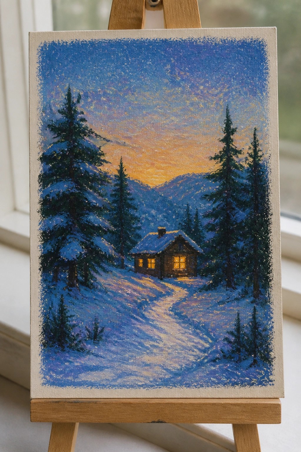 Painting on easel of glowing cabin amid snow-covered pines at colorful dusk