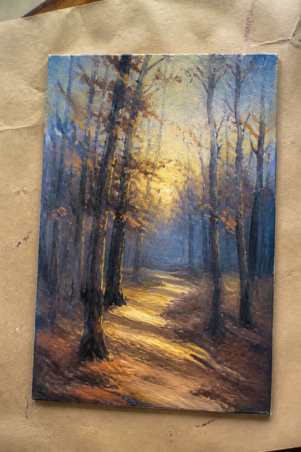Impressionistic oil painting of sunlit path winding through tall autumn forest trees