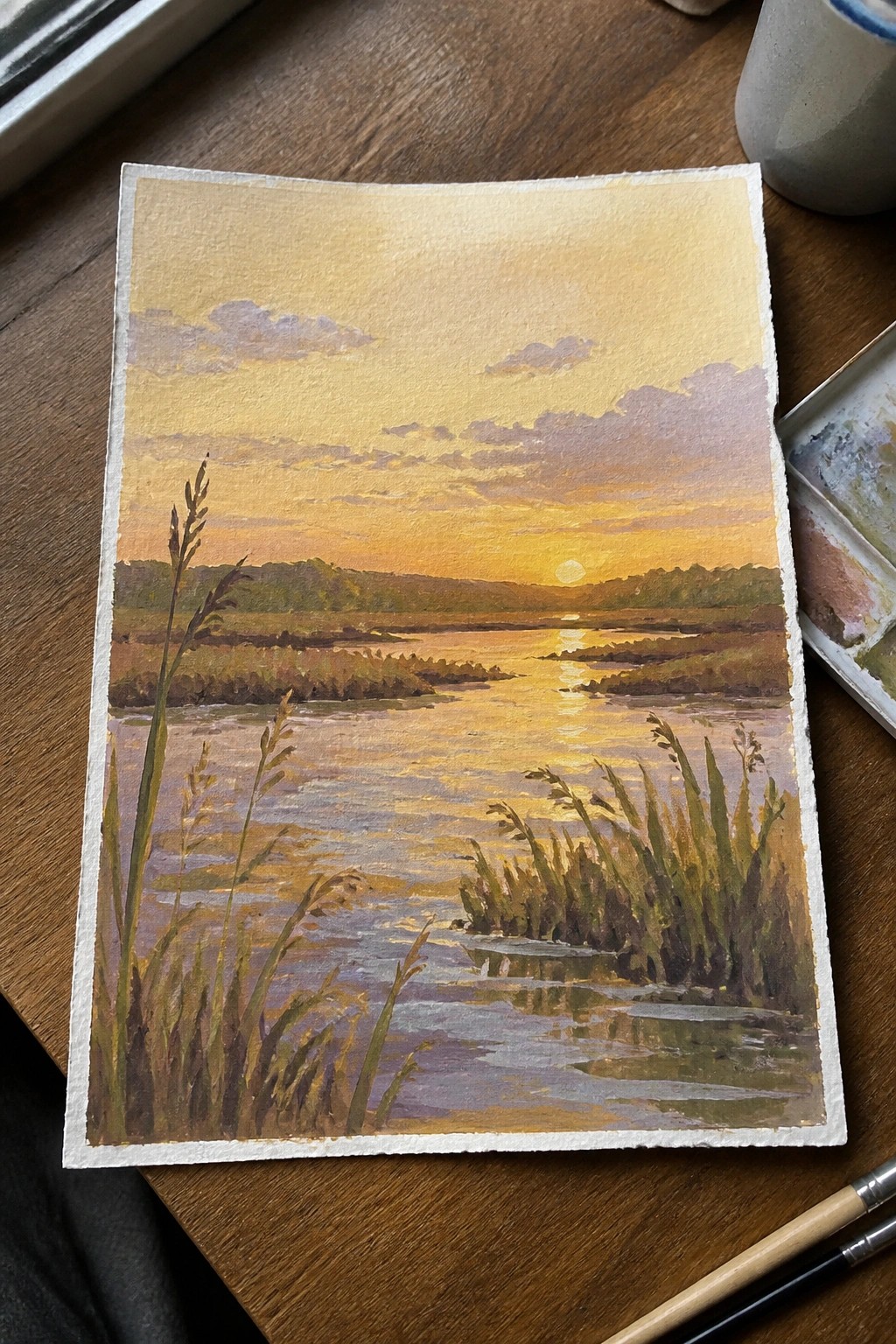 Watercolor sunset over marsh with golden water reflections, foreground reeds, and distant hills.
