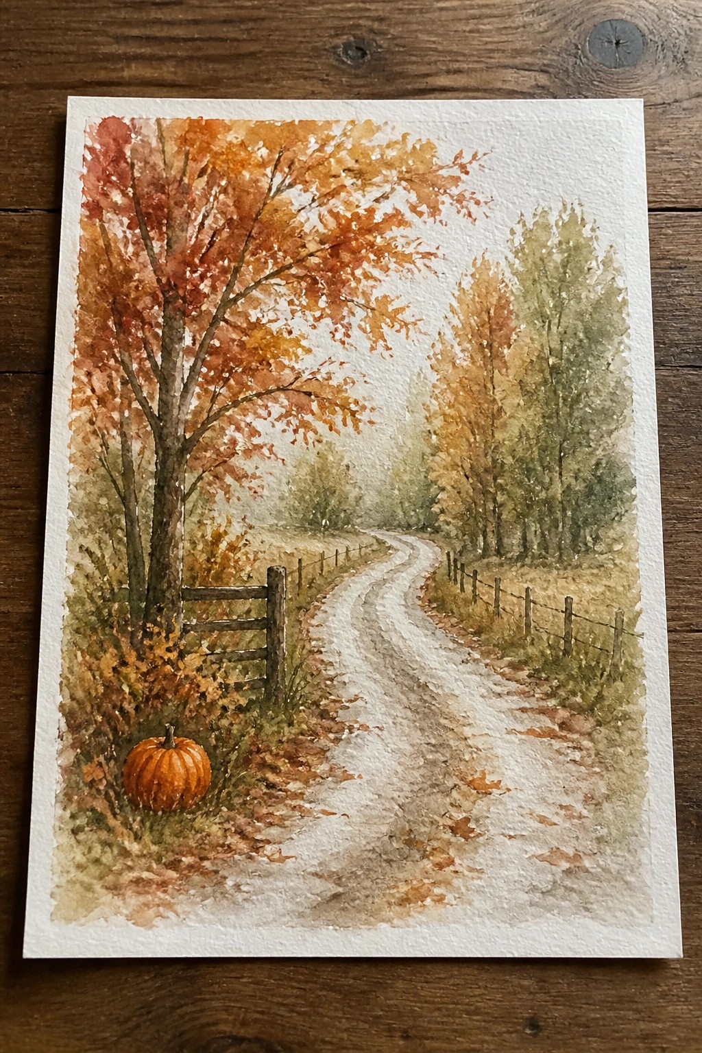 Watercolor painting of a winding dirt path through autumn trees with a pumpkin beside a wooden gate.