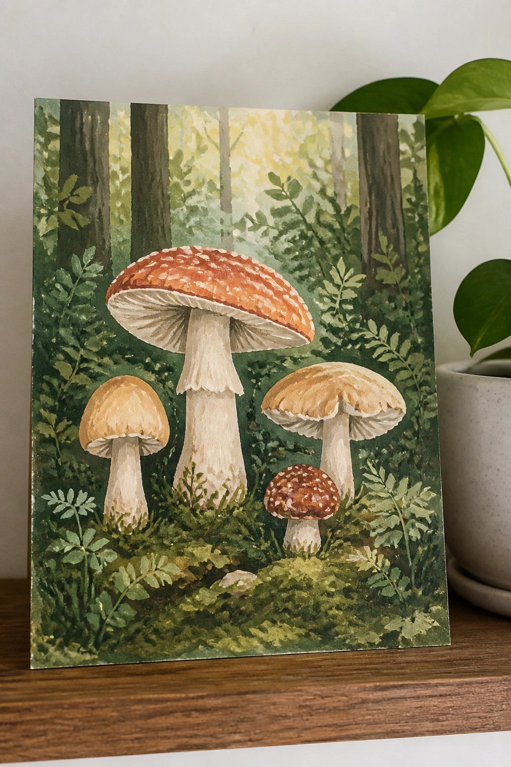 Watercolor painting of red-spotted and brown mushrooms amid lush green forest trees