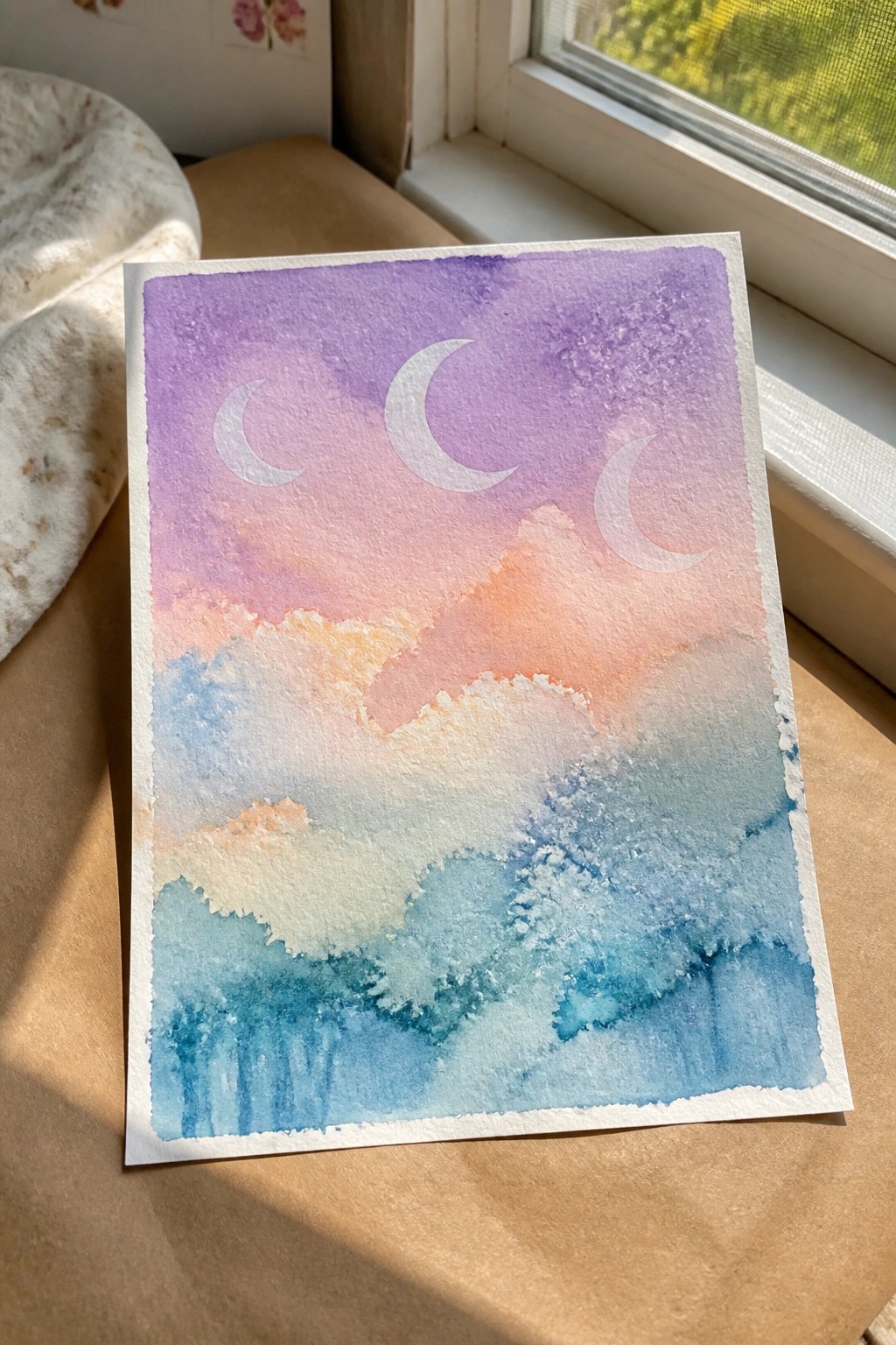 Watercolor painting of three white crescent moons over misty clouds in purple-pink-blue hues.