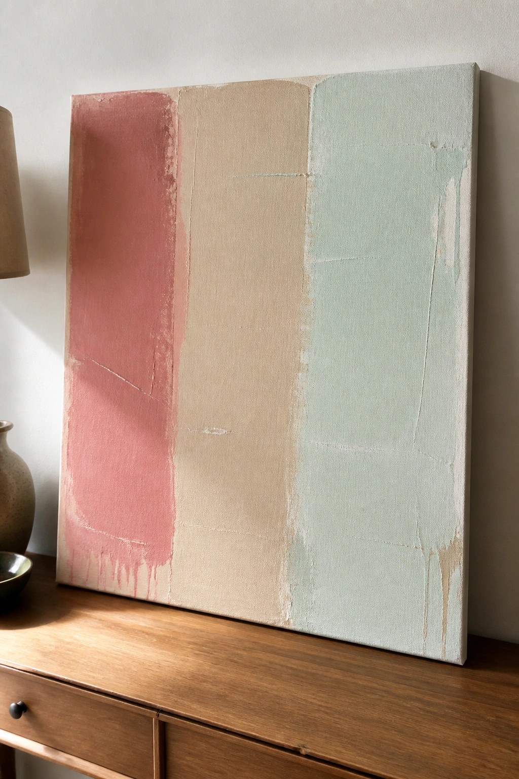 Abstract painting with pink, beige, and mint green panels on wooden table beside lamp.