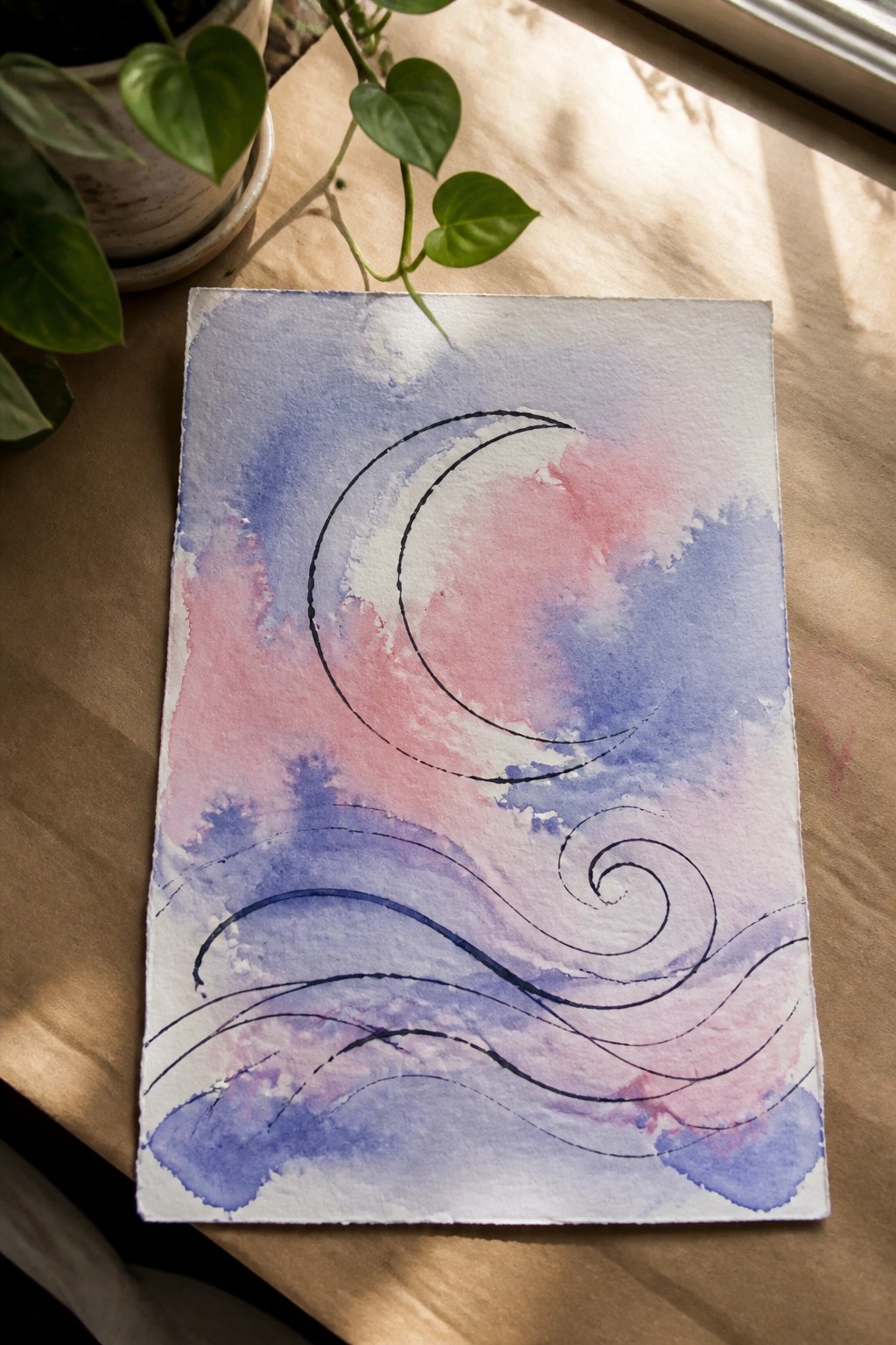 Watercolor crescent moon in pink and blue washes with swirling black lines on paper