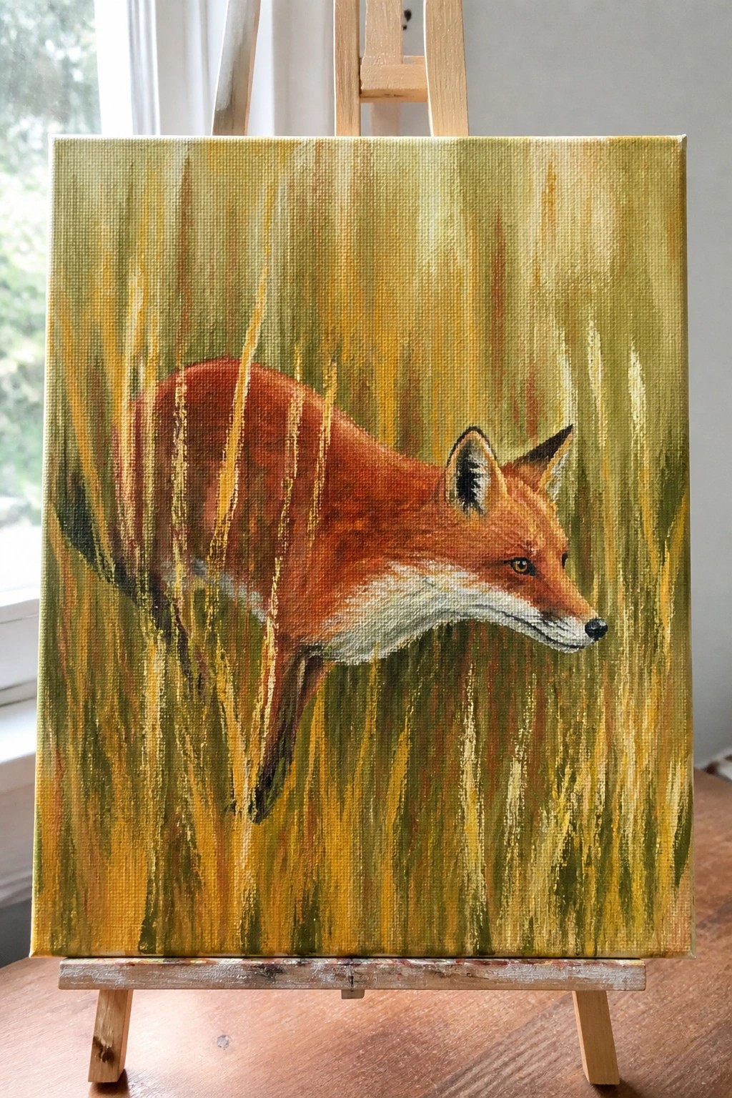 Painting of red fox in tall yellow-green grass on wooden easel