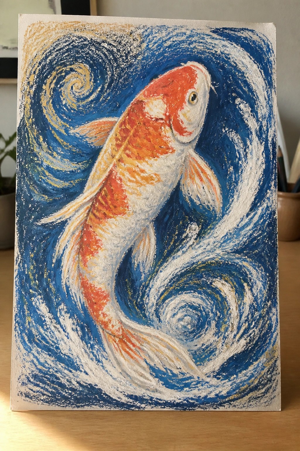 Orange and white koi fish amid swirling blue, white, and gold waves