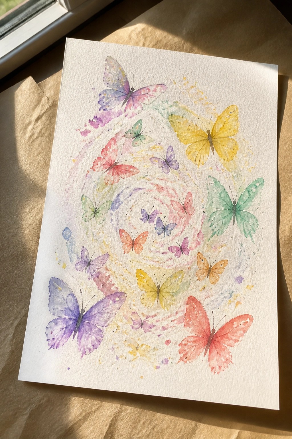 Colorful butterflies swirling in a spiral on white watercolor paper with splatters.