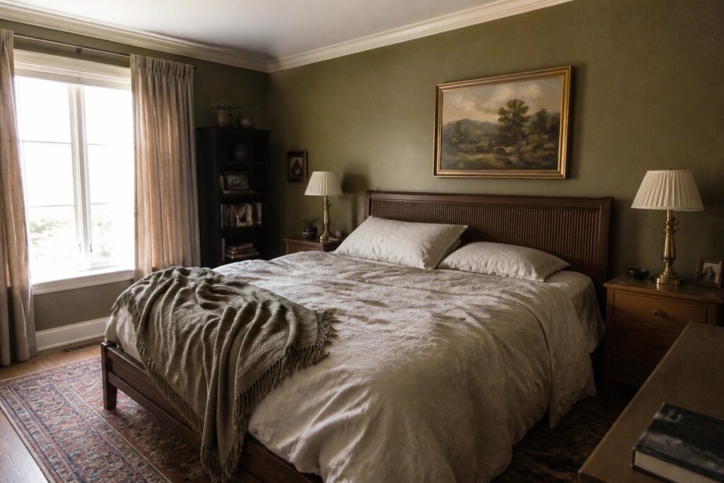 22 Elegant Olive Green Paint Colors for Warm Traditional Interiors Deep olive green walls in a bedroom with dark wood furniture and a large window.