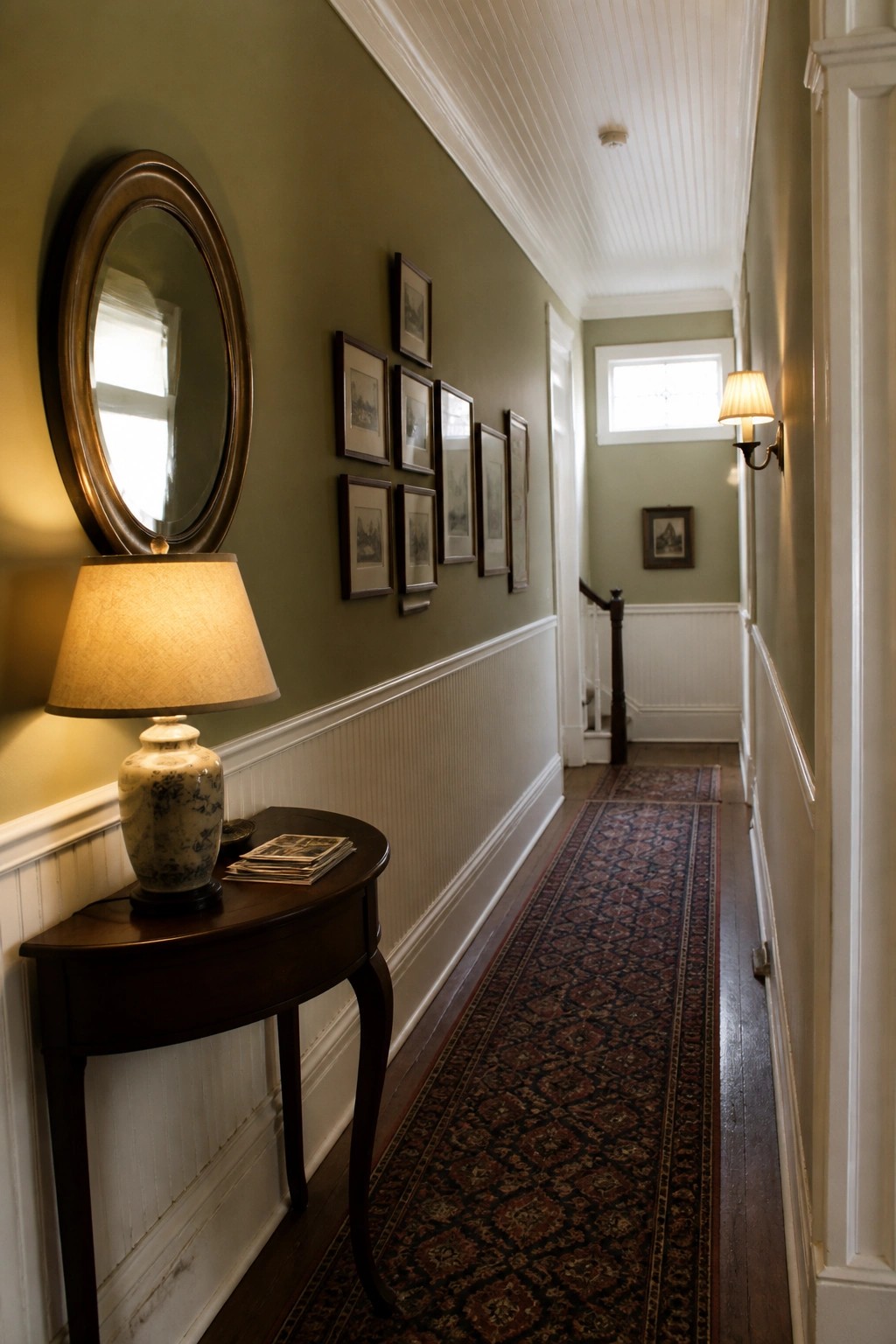 Narrow green hallway with framed art, oval mirror, table lamp, and runner rug.
