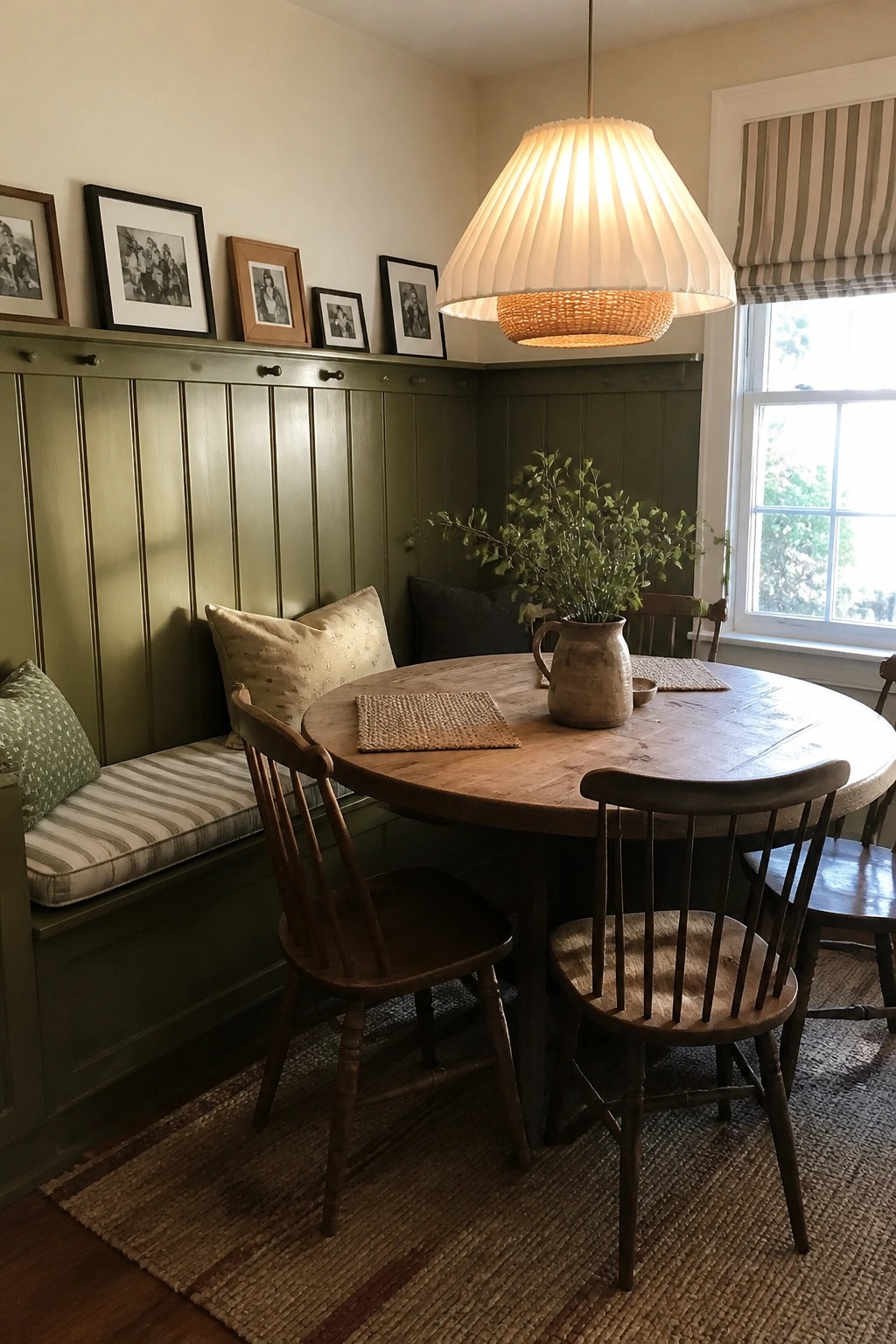 Green paneled dining nook with round wooden table, spindle chairs, and framed photos.