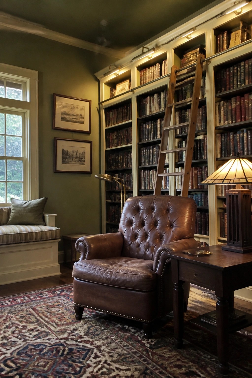 Olive green walls and built-in bookshelves in a traditional library with wood ladder and leather chair.
